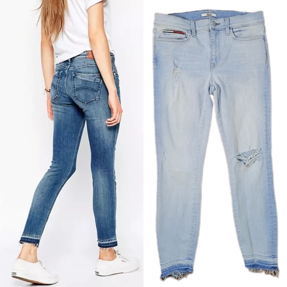 Tommy Hilfiger Denim White Washed Distressed Slim Jeans with Raw Hem Size 8 - Picture 1 of 11